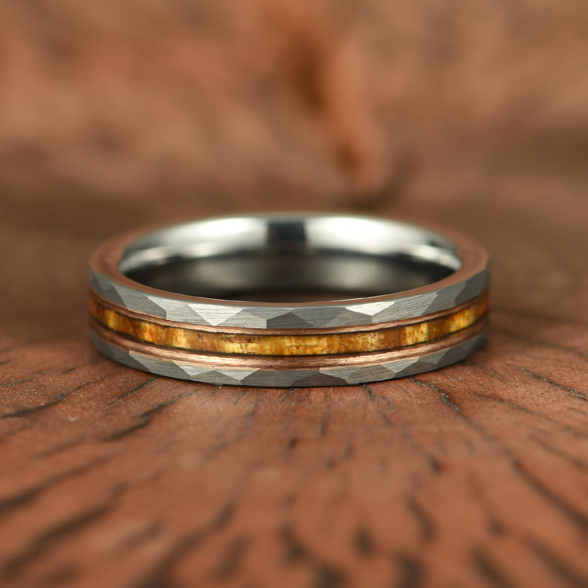 Hawaiian Koa Wood Abalone & Guitar String Tungsten Women's Wedding Ring 4MM - PRISTINE RINGS