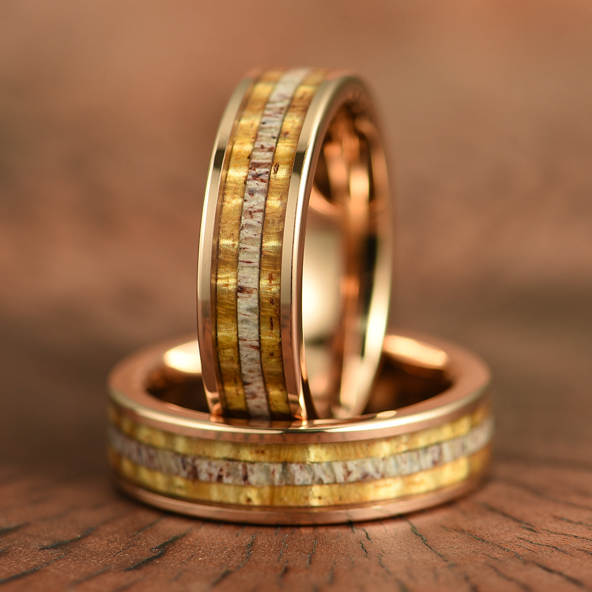 Hawaiian Koa Wood & Antler Rose Tungsten Mens Wedding Band 4MM