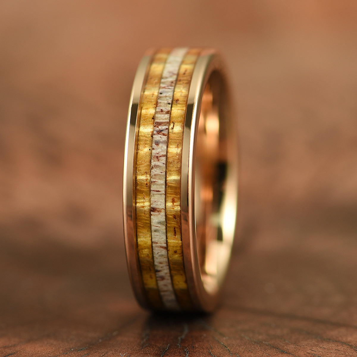 Hawaiian Koa Wood & Antler Rose Tungsten Mens Wedding Band 4MM