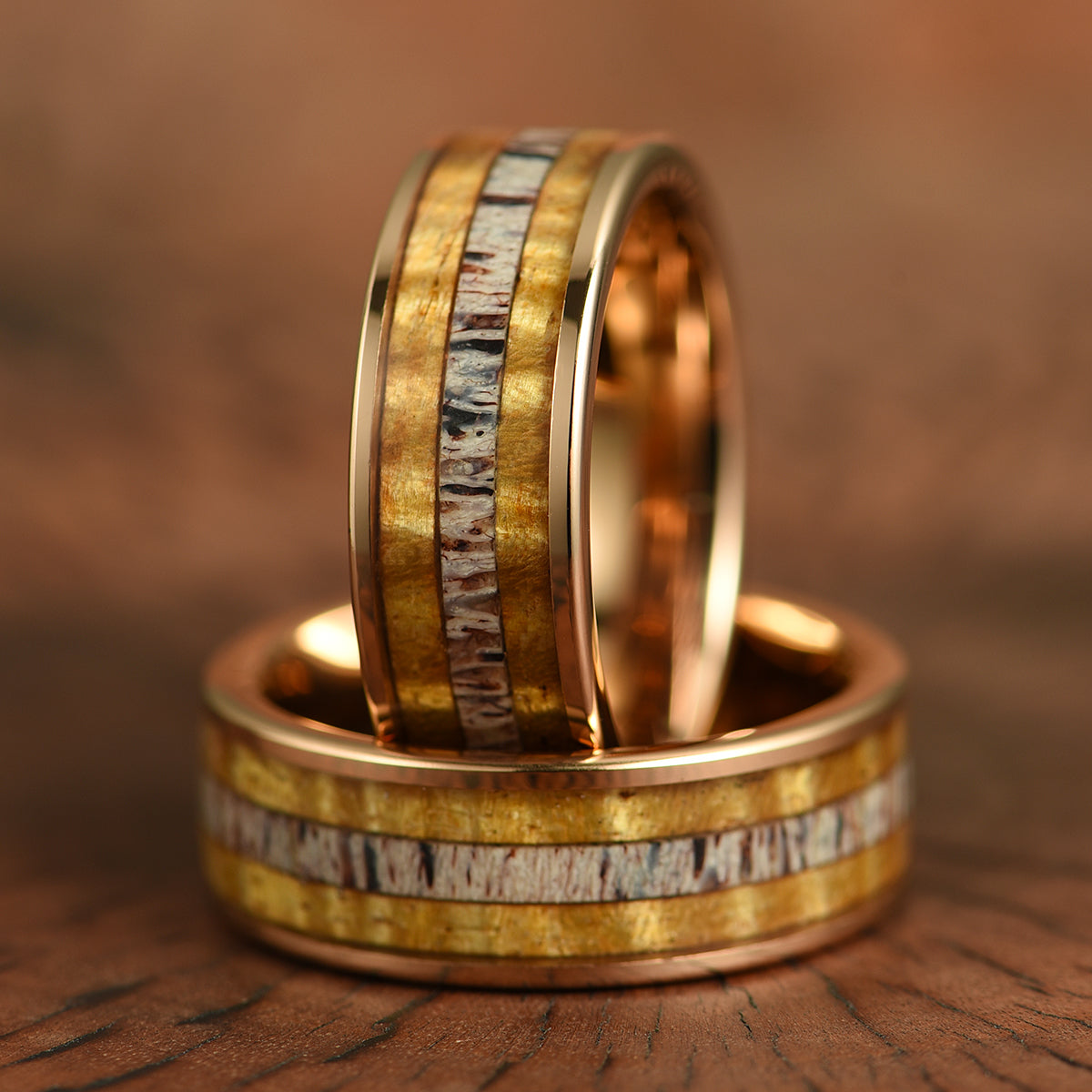 Hawaiian Koa Wood & Antler Rose Tungsten Mens Wedding Band 8MM