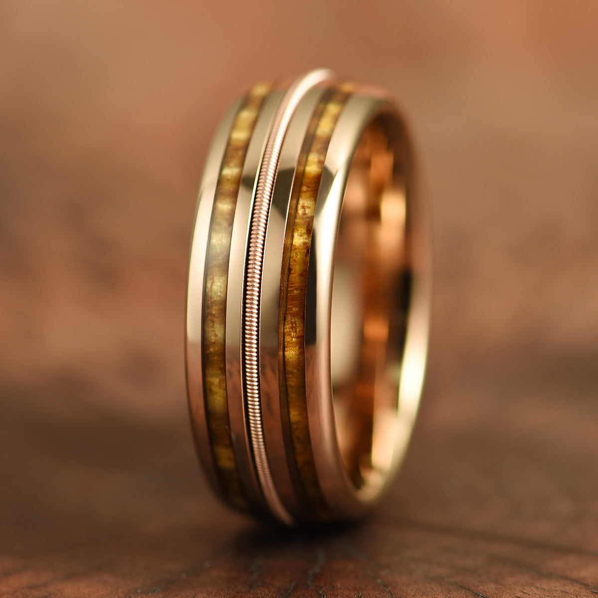 Hawaiian Koa Wood & Guitar String Rose Tungsten Mens Wedding Ring 8MM - PRISTINE RINGS