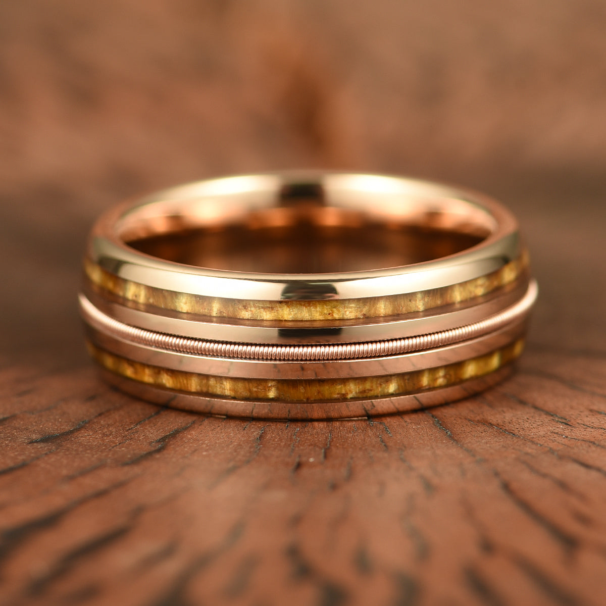 Hawaiian Koa Wood & Guitar String Rose Tungsten Mens Wedding Ring 8MM - PRISTINE RINGS
