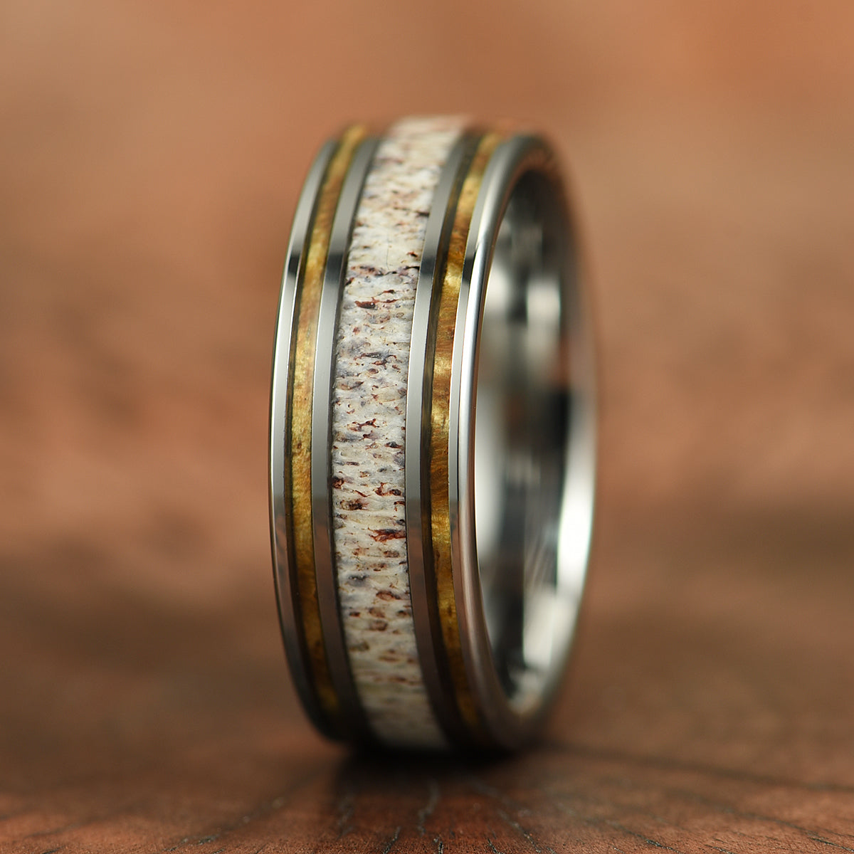 Hawaiian Koa Wood & Antler Tungsten Mens Wedding Band 8MM - PRISTINE RINGS