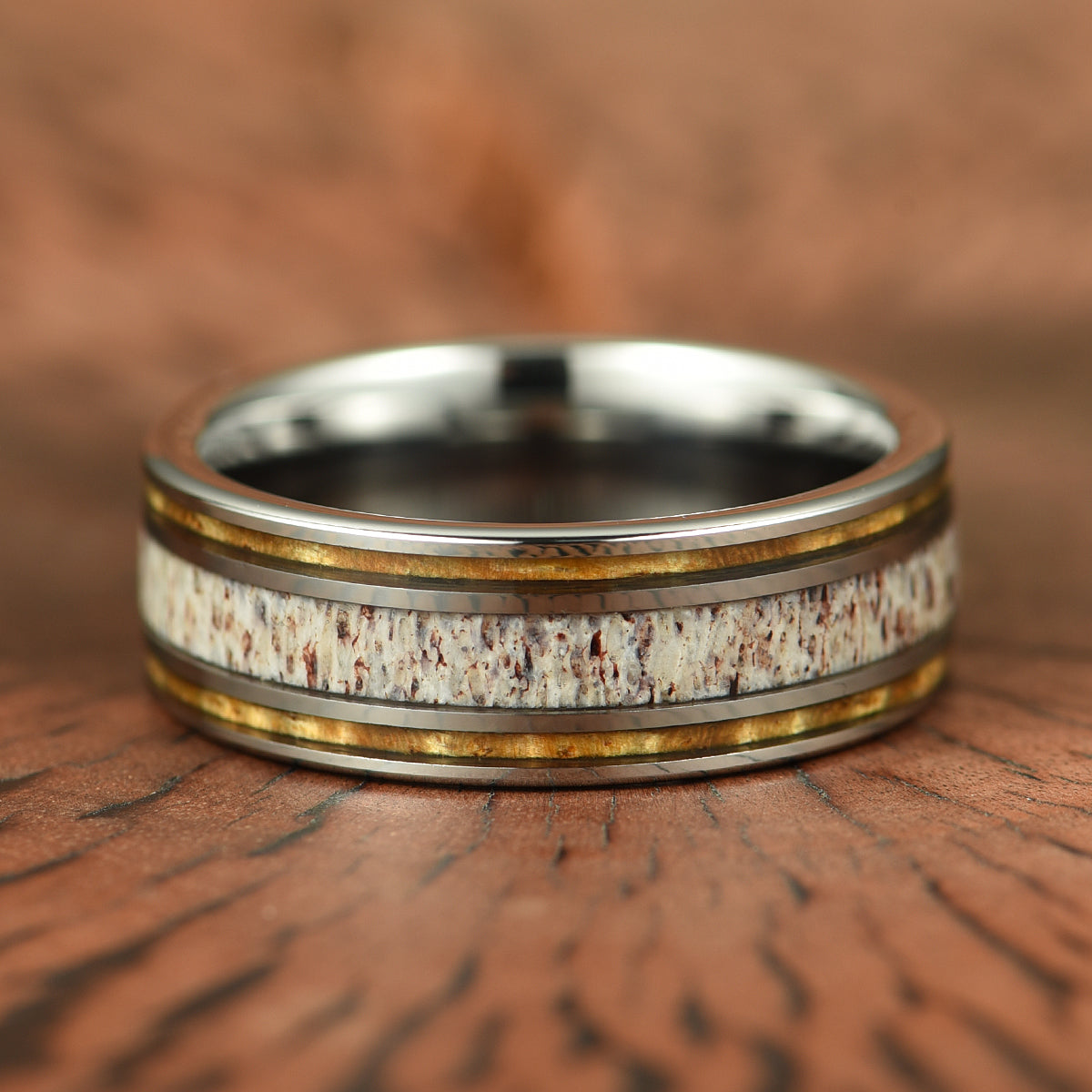 Hawaiian Koa Wood & Antler Tungsten Mens Wedding Band 8MM - PRISTINE RINGS