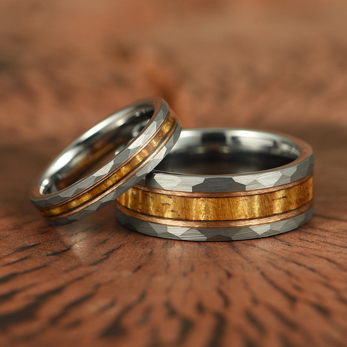 Hawaiian Koa Wood Hammered Tungsten Couples Wedding Band Set - PRISTINE RINGS