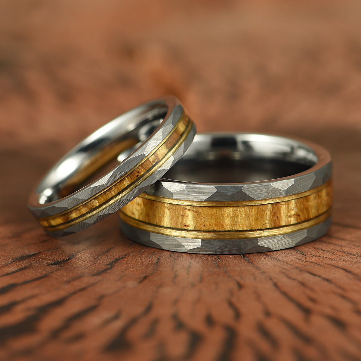 Tungsten Koa Wood Yellow Tungsten Piping Couples Wedding Band Set - PRISTINE RINGS