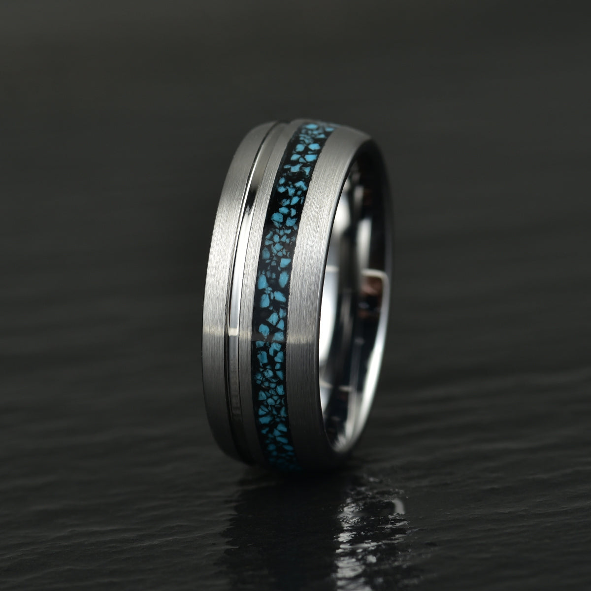Turquoise Grey Tungsten Men's Wedding Band 8MM - PRISTINE RINGS