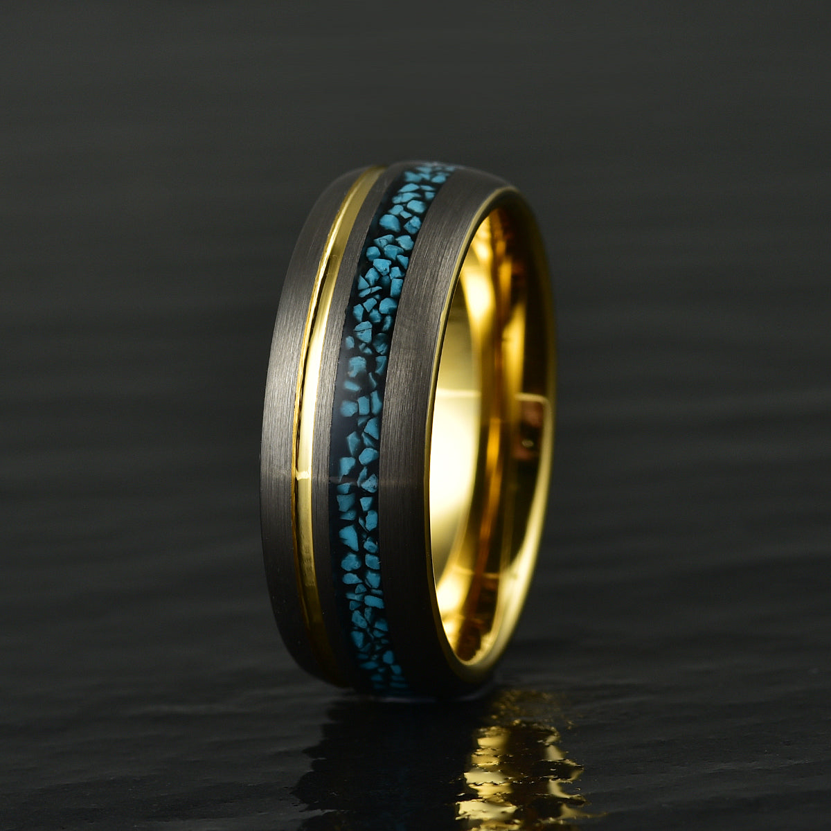 Turquoise Yellow Tungsten Men's Wedding Band 8MM - PRISTINE RINGS