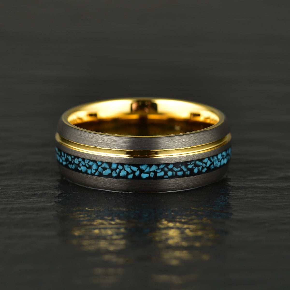 Turquoise Yellow Tungsten Men's Wedding Band 8MM - PRISTINE RINGS