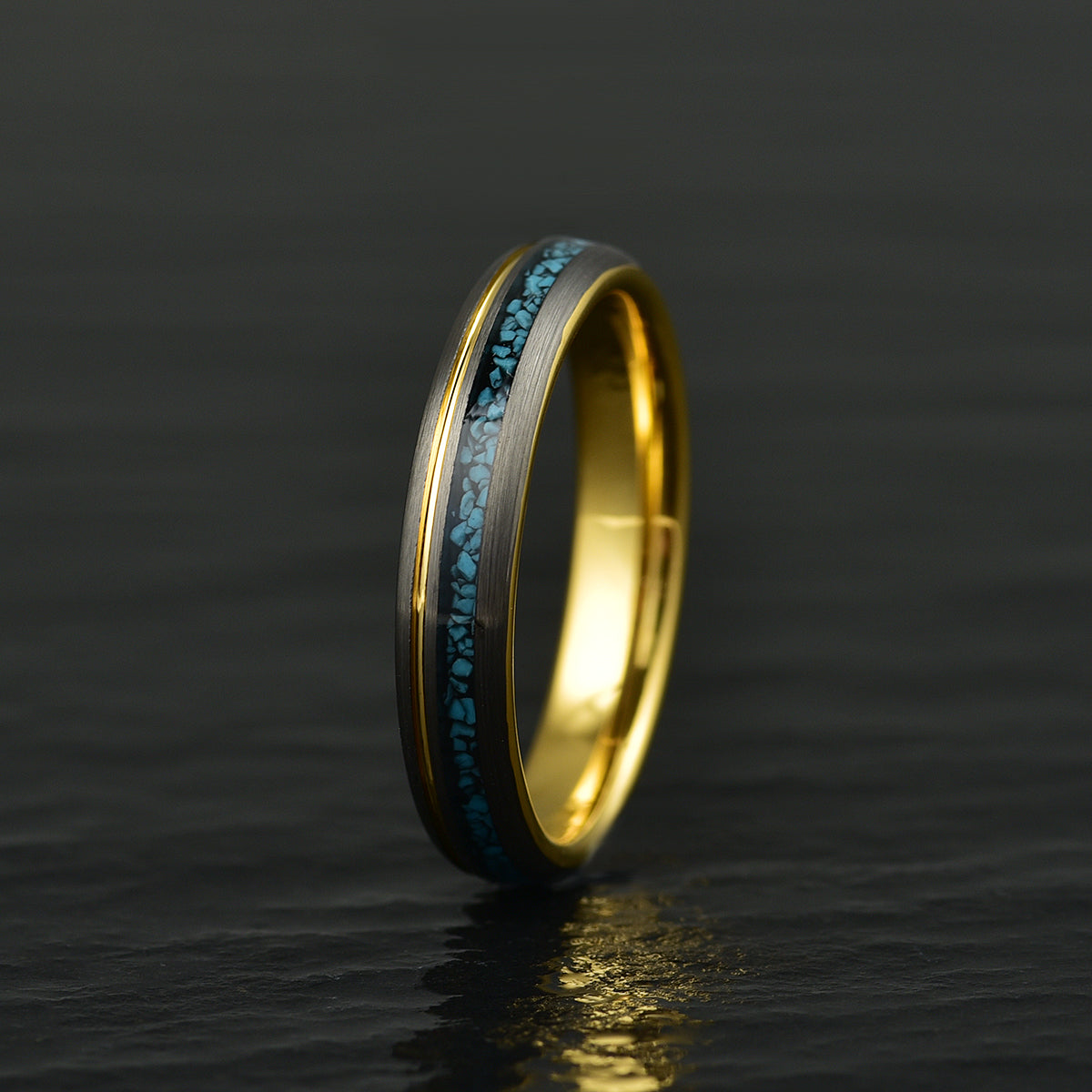 Yellow Tungsten Crushed Turquoise Women's Wedding Band 4MM - PRISTINE RINGS