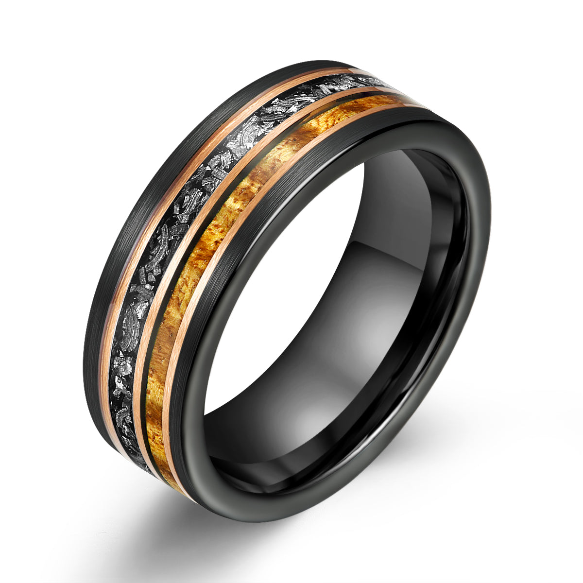 Hawaiian Koa Wood & Meteorite Black Tungsten Mens Wedding Band 8MM