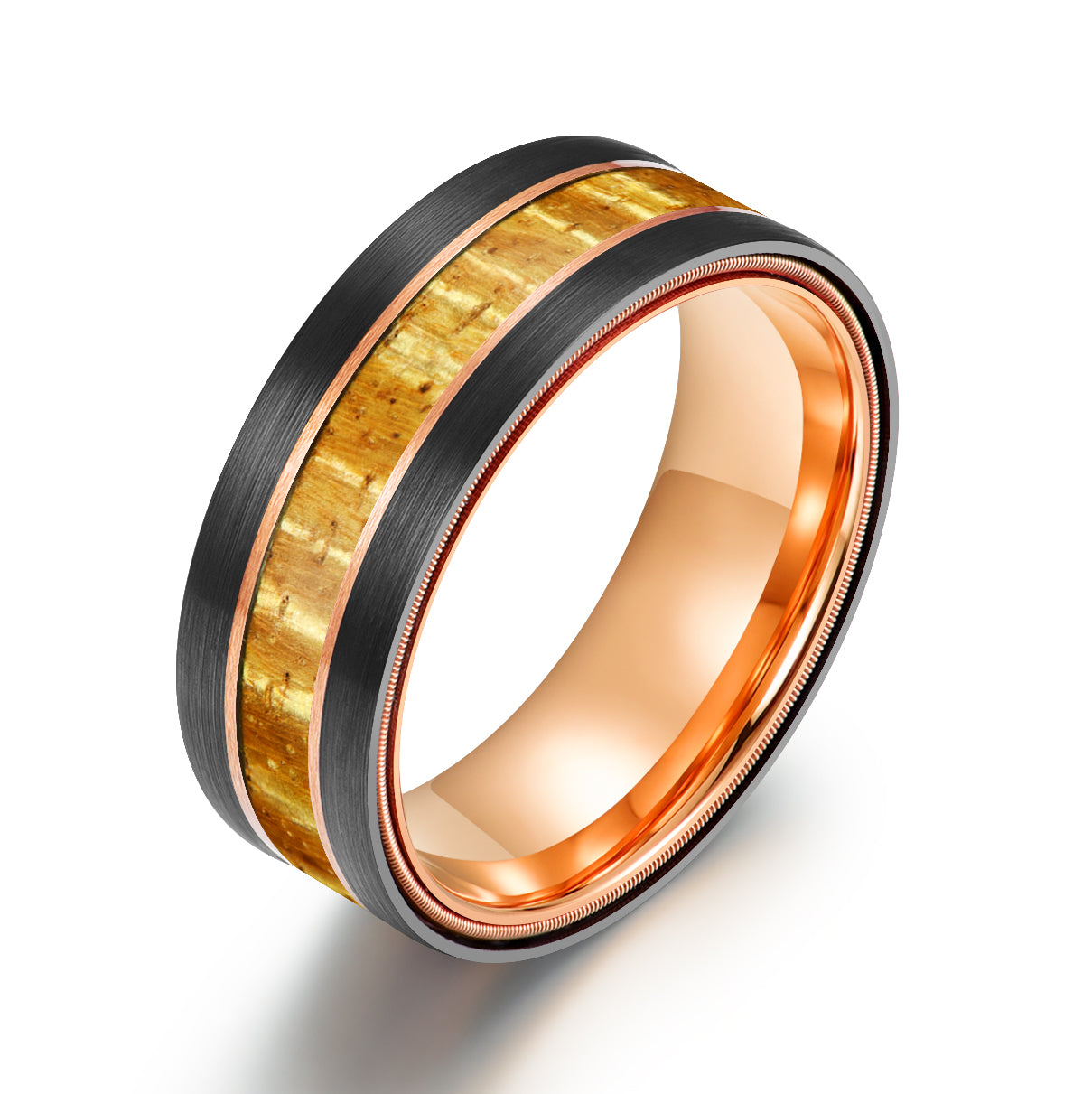 Hawaiian Koa Wood & Guitar String Black & Rose Tungsten Mens Wedding Ring 8MM - PRISTINE RINGS