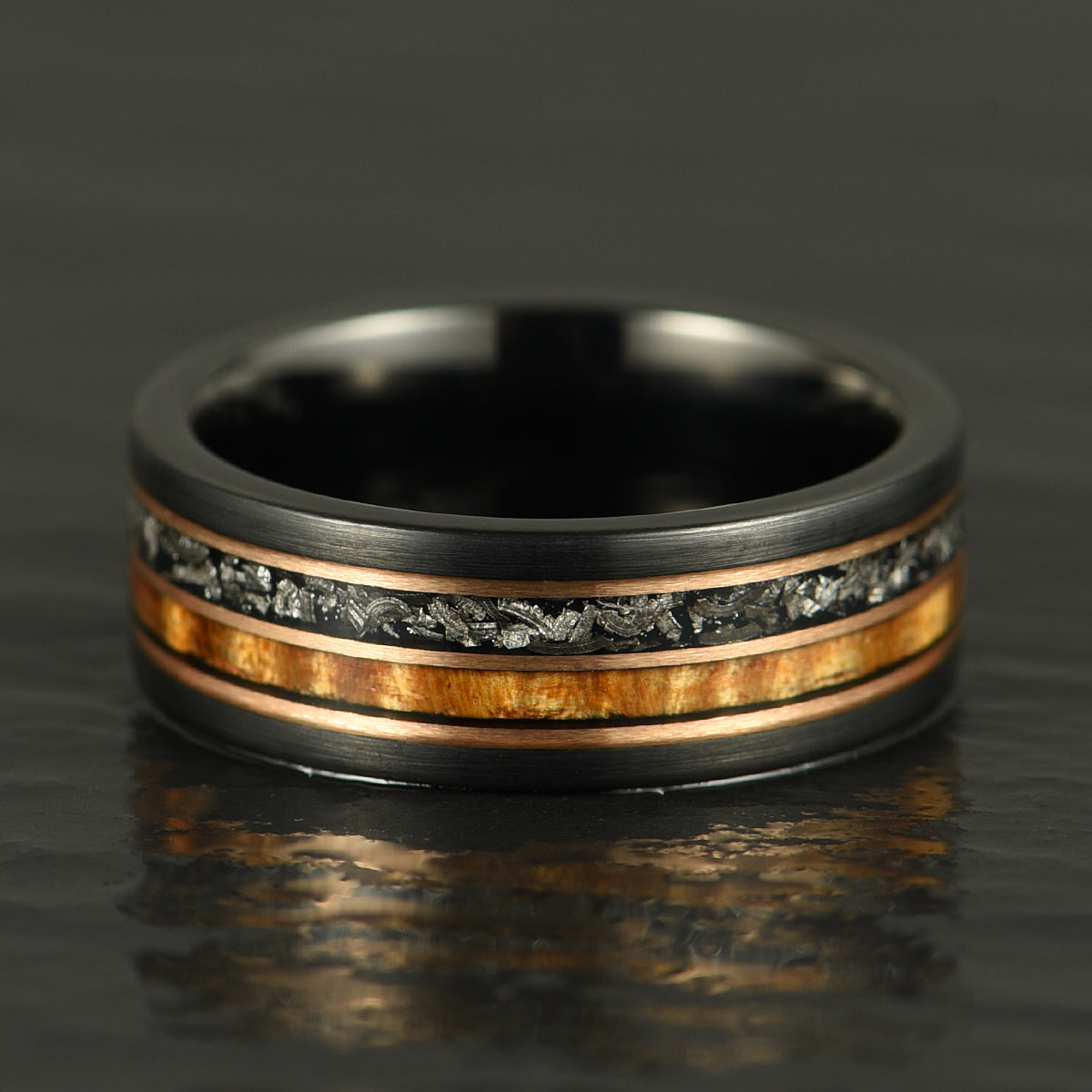 Hawaiian Koa Wood & Meteorite Black Tungsten Mens Wedding Band 8MM