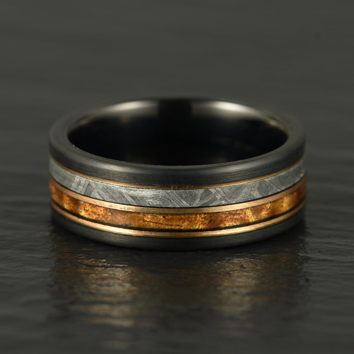 Hawaiian Koa Wood & Meteorite Black Tungsten Mens Wedding Band 8MM