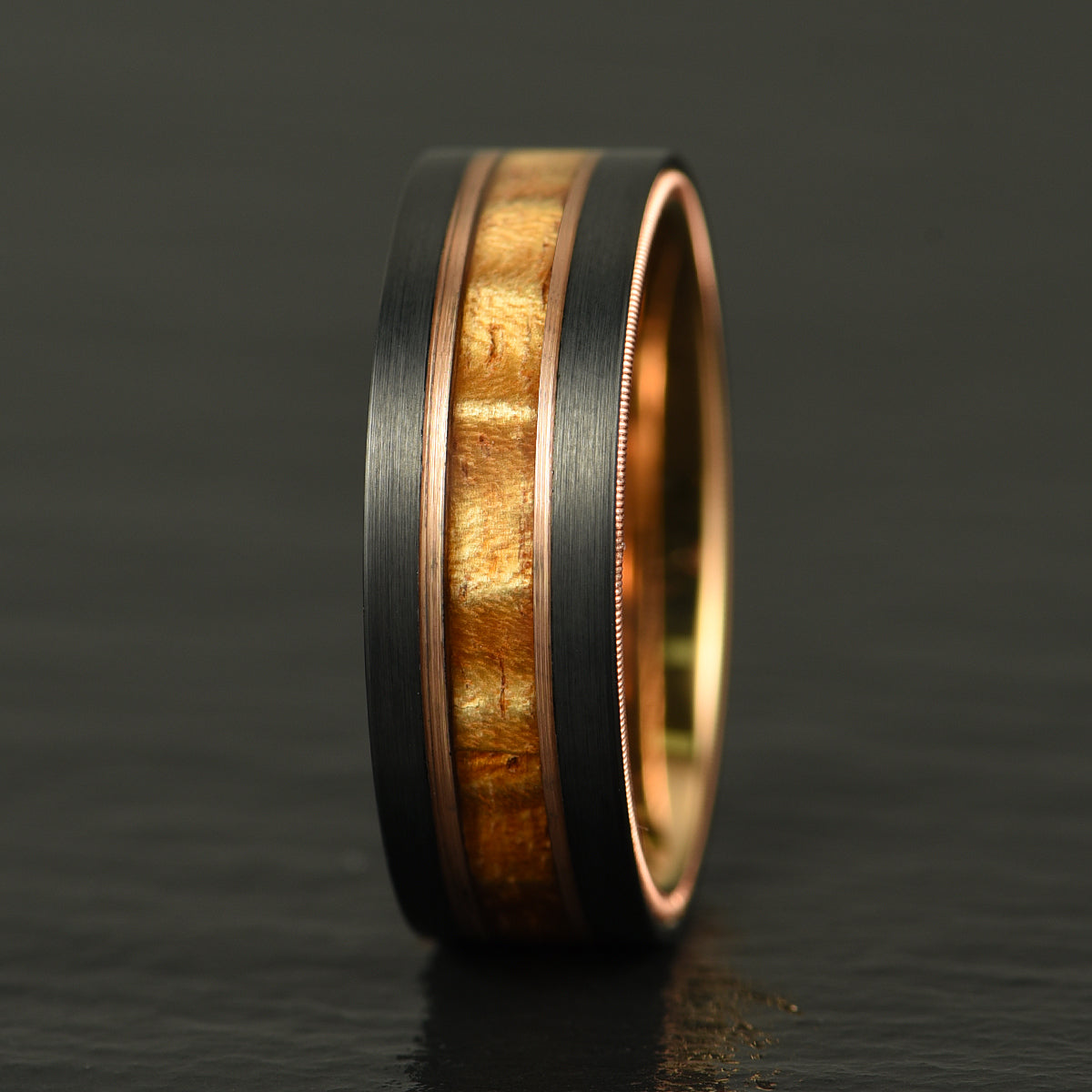 Hawaiian Koa Wood & Guitar String Black & Rose Tungsten Mens Wedding Ring 8MM - PRISTINE RINGS