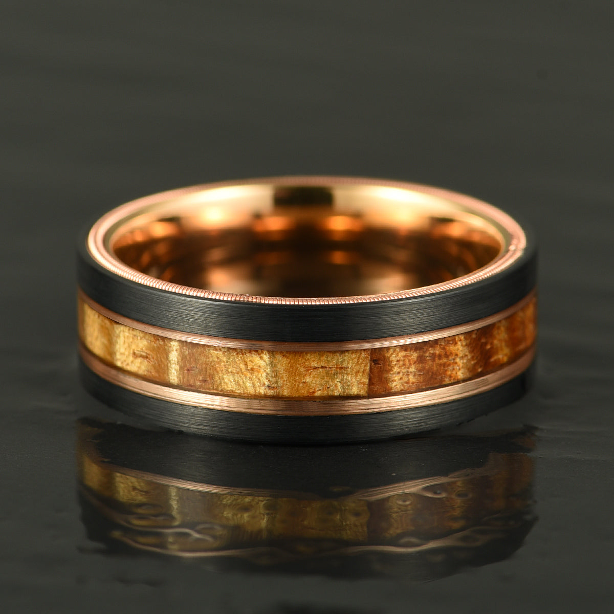 Hawaiian Koa Wood & Guitar String Black & Rose Tungsten Mens Wedding Ring 8MM - PRISTINE RINGS