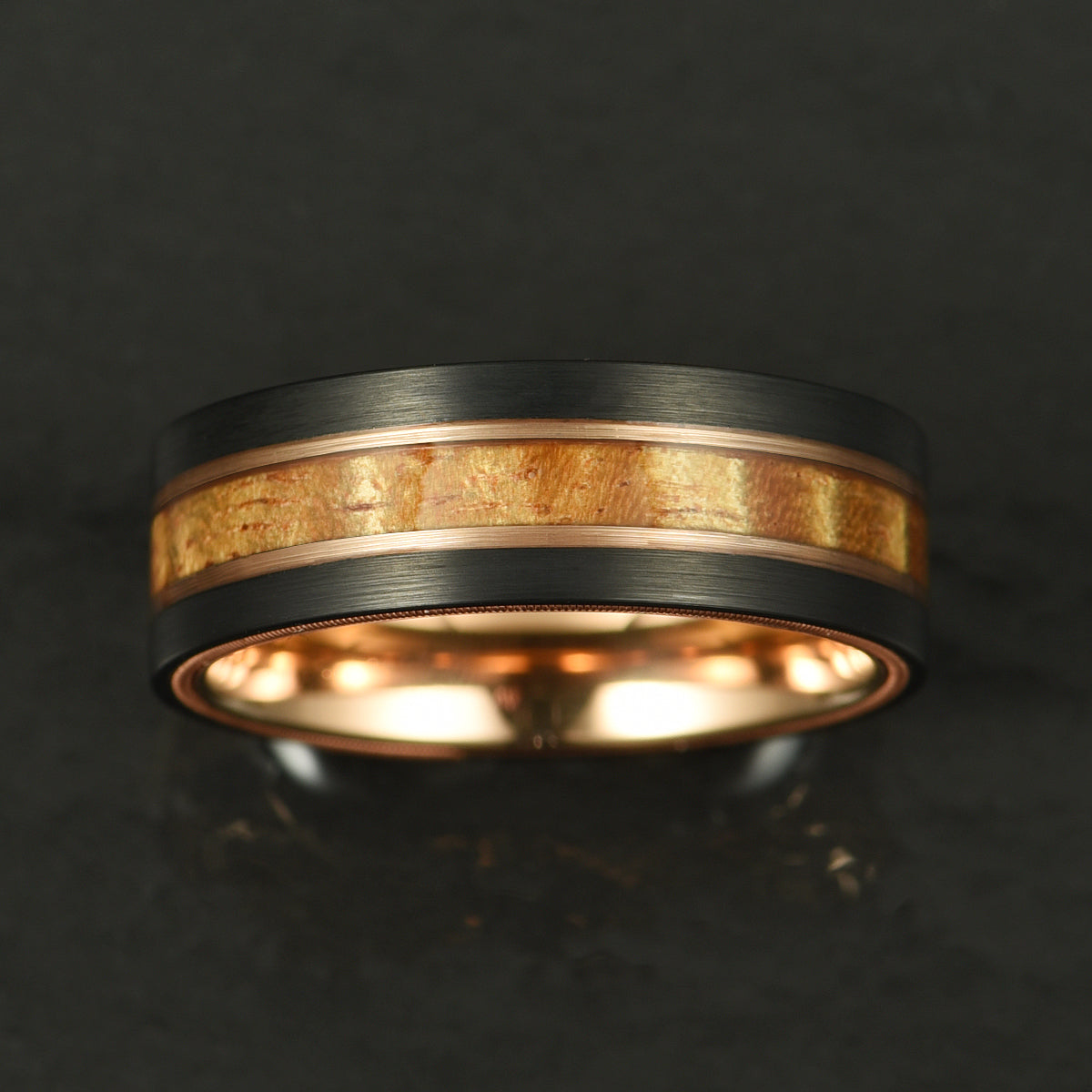 Hawaiian Koa Wood & Guitar String Black & Rose Tungsten Mens Wedding Ring 8MM - PRISTINE RINGS