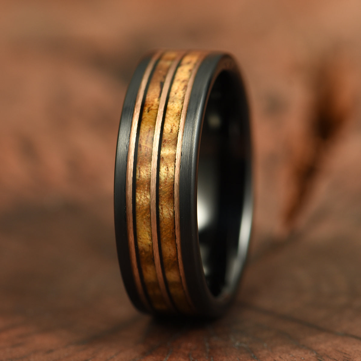 Hawaiian Koa Wood Black Tungsten Mens Wedding Band 8MM
