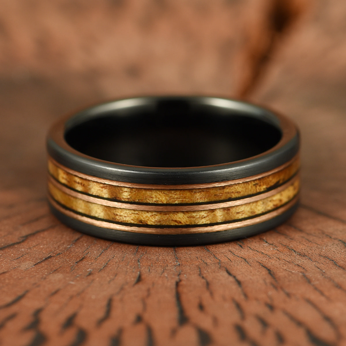 Hawaiian Koa Wood Black Tungsten Mens Wedding Band 8MM