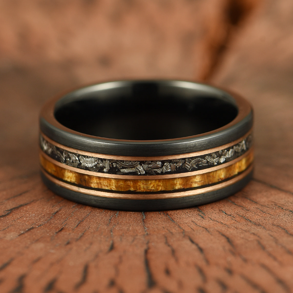 Hawaiian Koa Wood & Meteorite Black Tungsten Mens Wedding Band 8MM