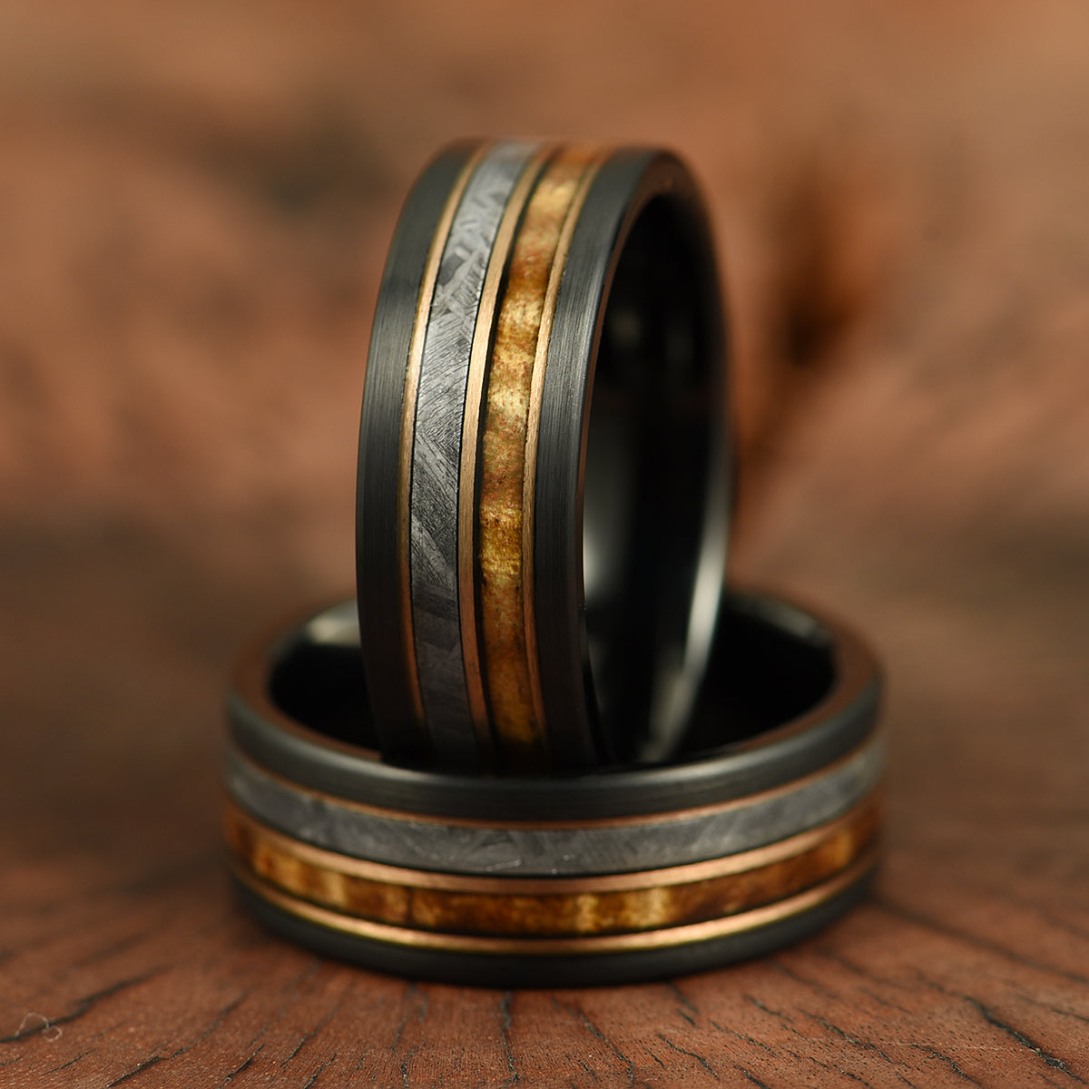 Hawaiian Koa Wood Meteorite Black Tungsten Mens Wedding Band 8MM