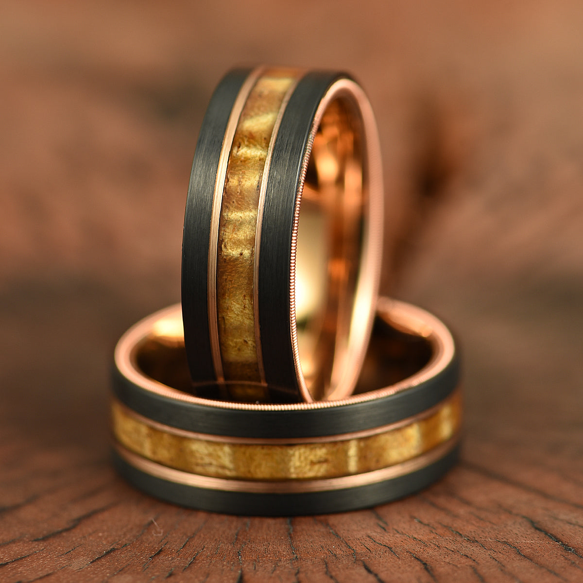Hawaiian Koa Wood & Guitar String Black & Rose Tungsten Mens Wedding Ring 8MM - PRISTINE RINGS