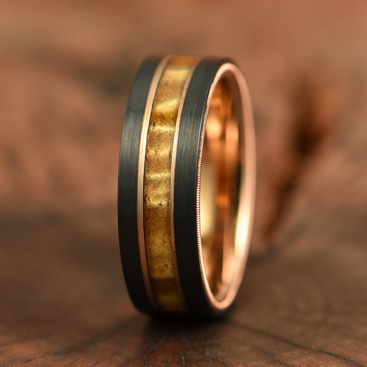Hawaiian Koa Wood & Guitar String Black & Rose Tungsten Mens Wedding Ring 8MM - PRISTINE RINGS