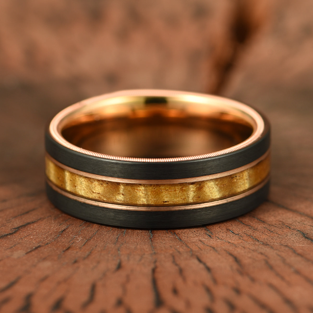 Hawaiian Koa Wood & Guitar String Black & Rose Tungsten Mens Wedding Ring 8MM - PRISTINE RINGS