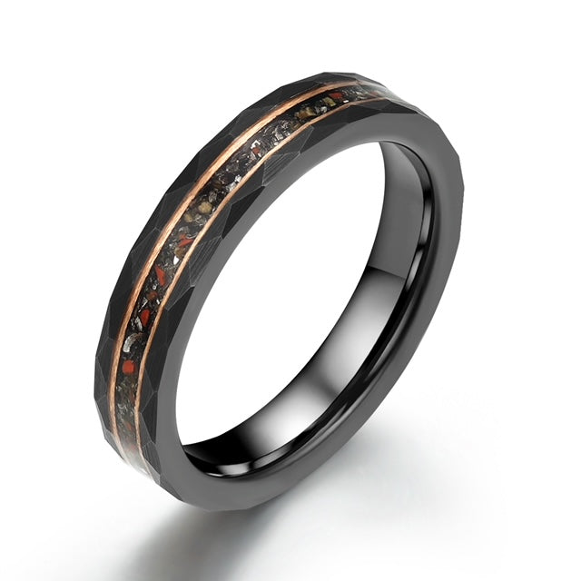 Black Hammered Tungsten Dinosaur Bone and Meteorite Women's Wedding Band 4MM - PRISTINE RINGS