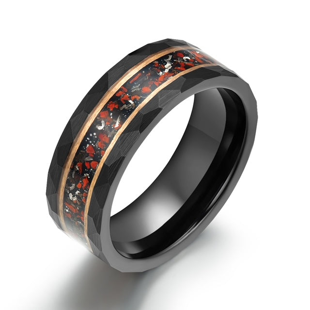 Black Hammered Tungsten Dinosaur Bone and Meteorite Men's Wedding Band 8MM - PRISTINE RINGS