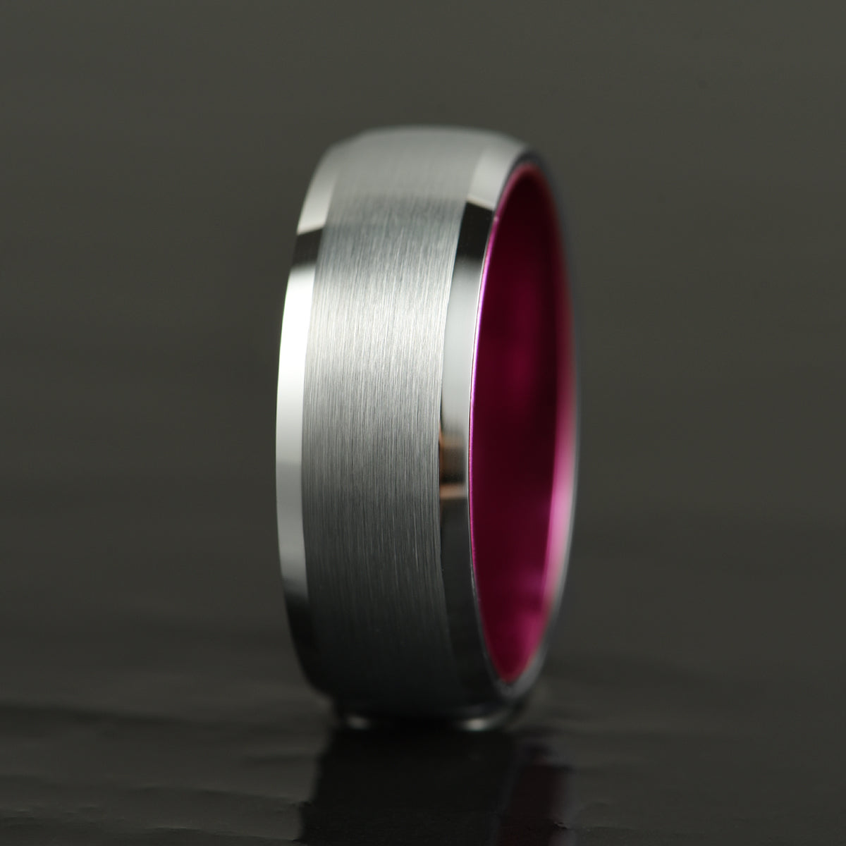 Pristine Passion Fuchsia Interior Silver Tungsten Wedding Band 8MM