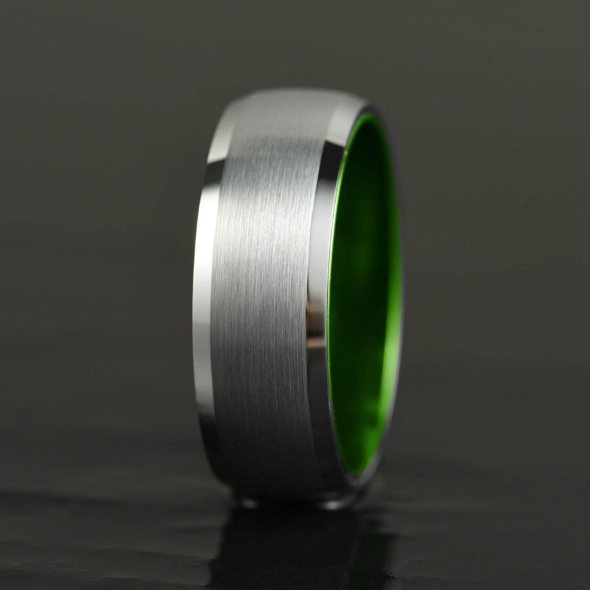 Pristine Passion Green Interior Silver Tungsten Wedding Band 8MM