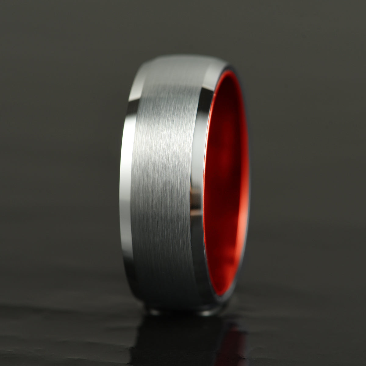 Pristine Passion Red Interior Silver Tungsten Wedding Band 8MM