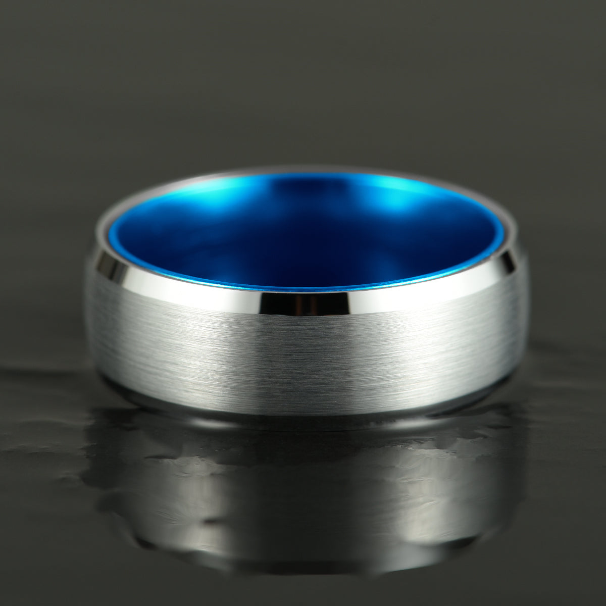 Pristine Passion Blue Interior Silver Tungsten Wedding Band 8MM