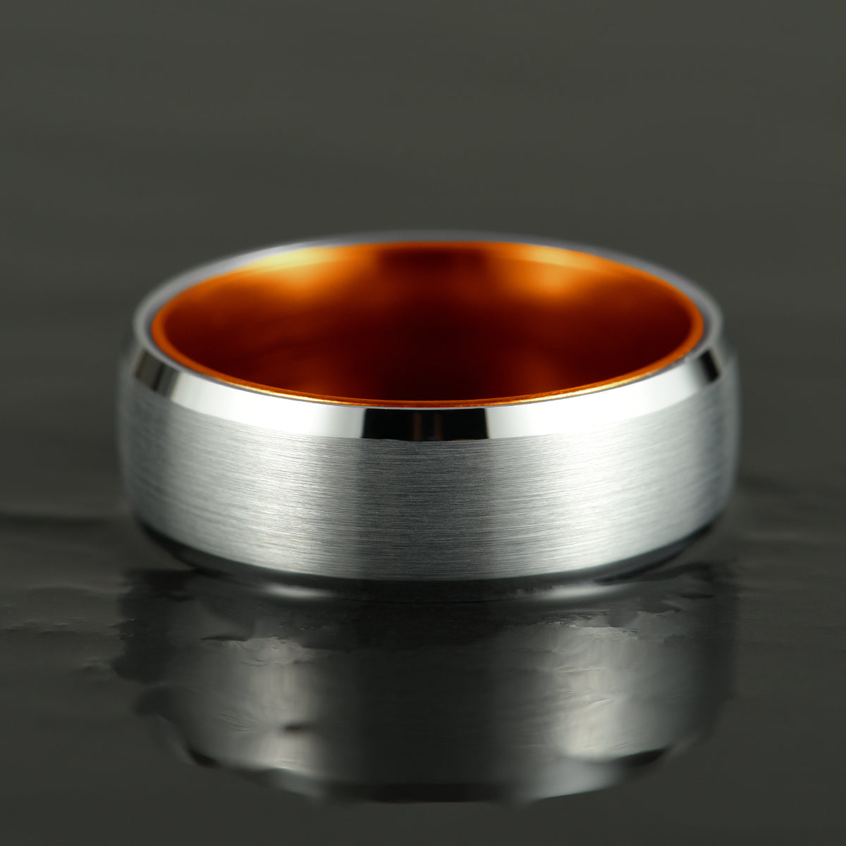 Pristine Passion Orange Interior Silver Tungsten Wedding Band 8MM