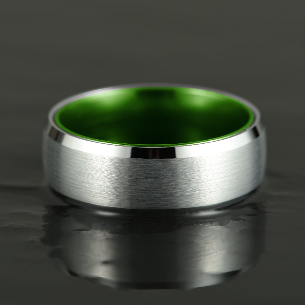 Pristine Passion Green Interior Silver Tungsten Wedding Band 8MM