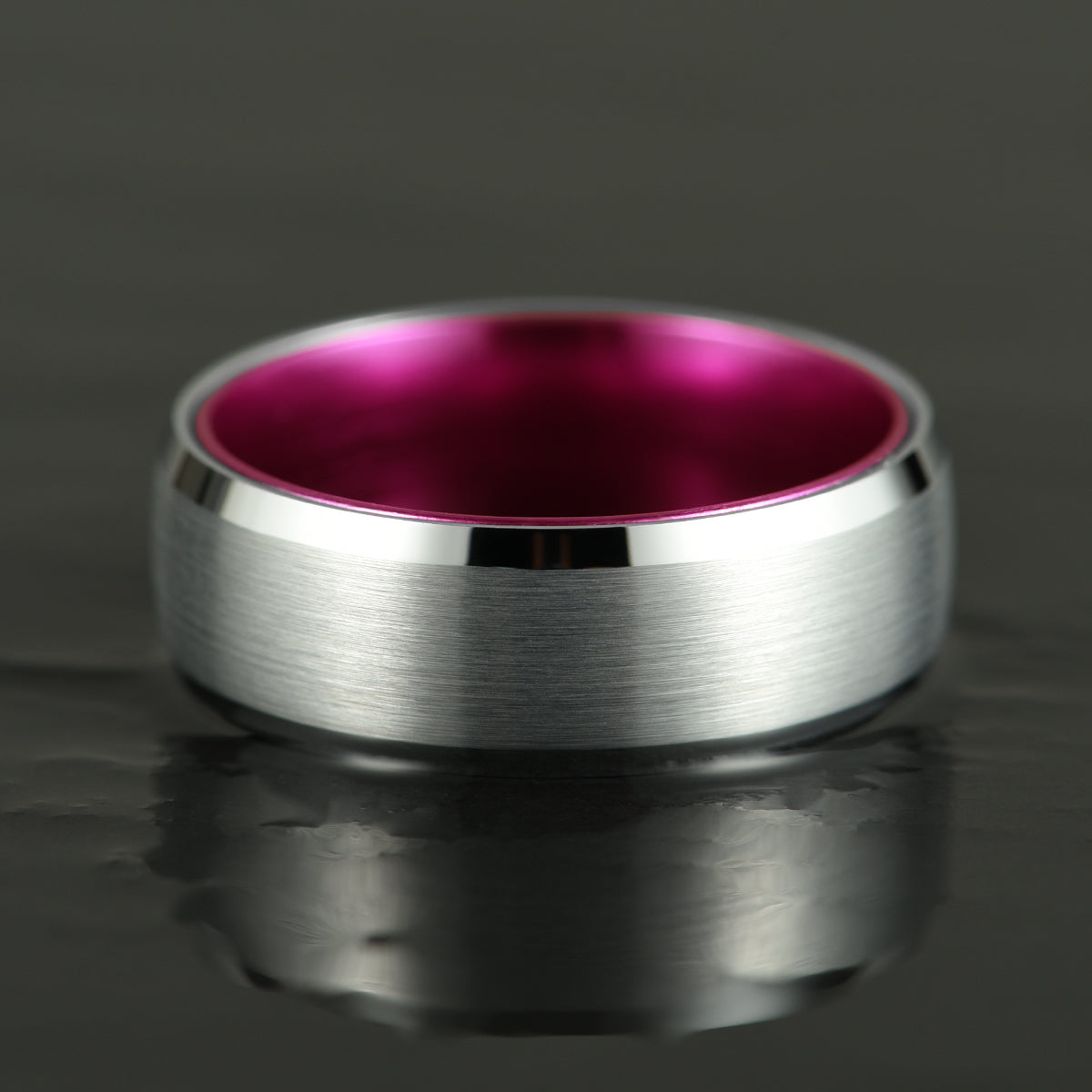 Pristine Passion Fuchsia Interior Silver Tungsten Wedding Band 8MM