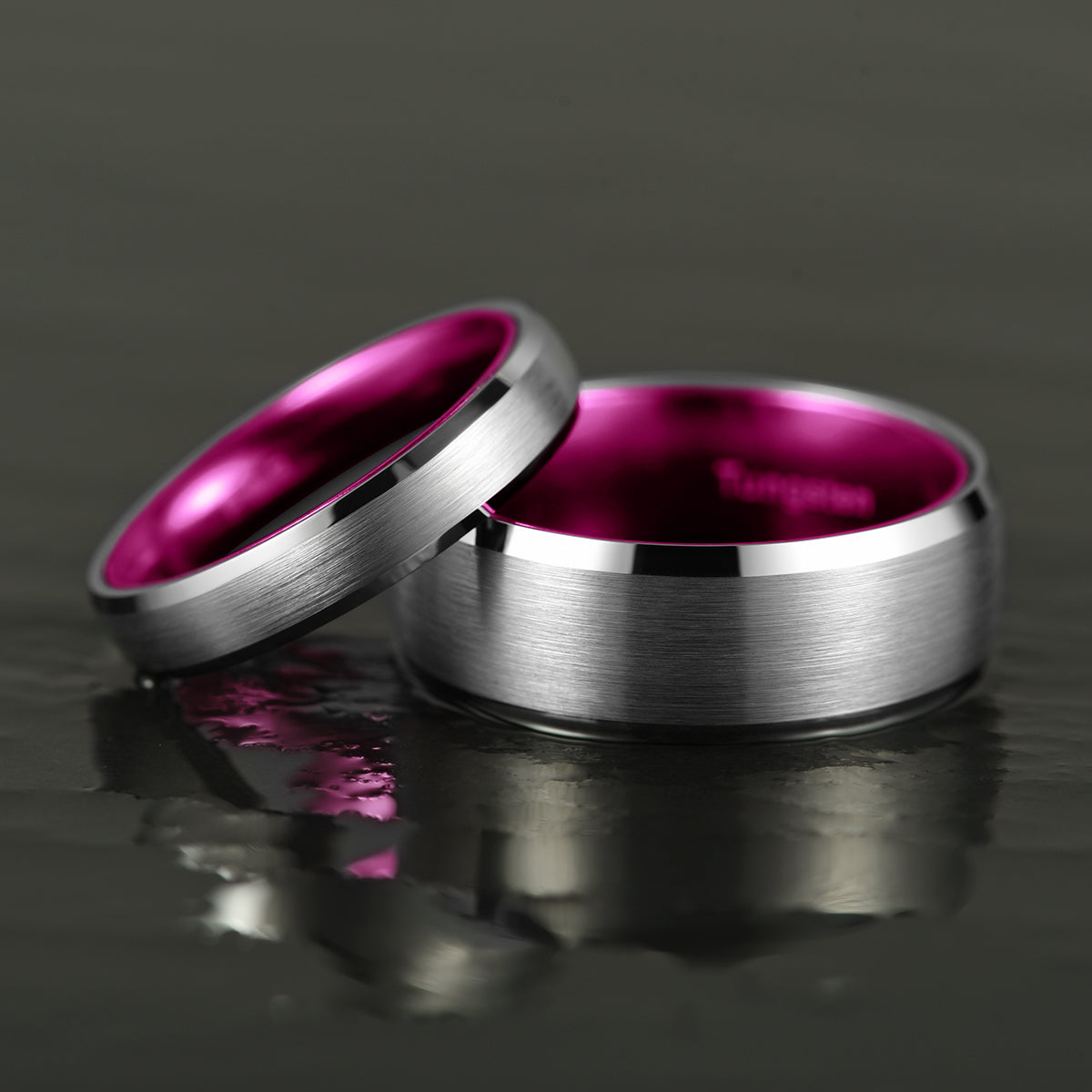 Pristine Passion Fuchsia Interior Silver Tungsten Wedding Band 8MM