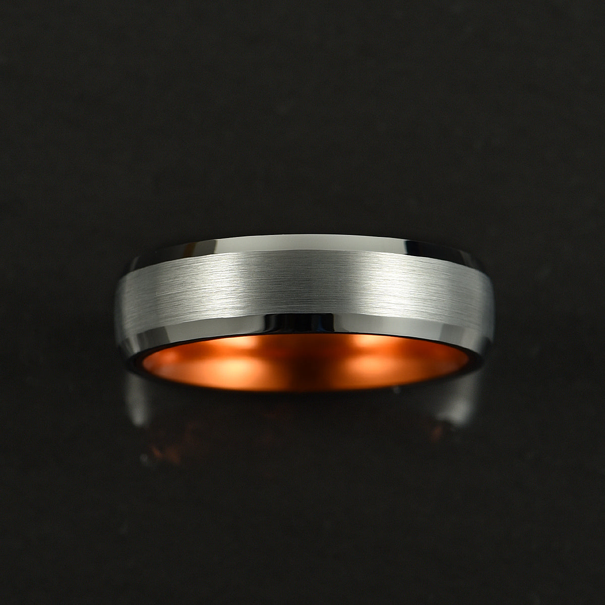 Pristine Passion Orange Interior Silver Tungsten Wedding Band 6MM