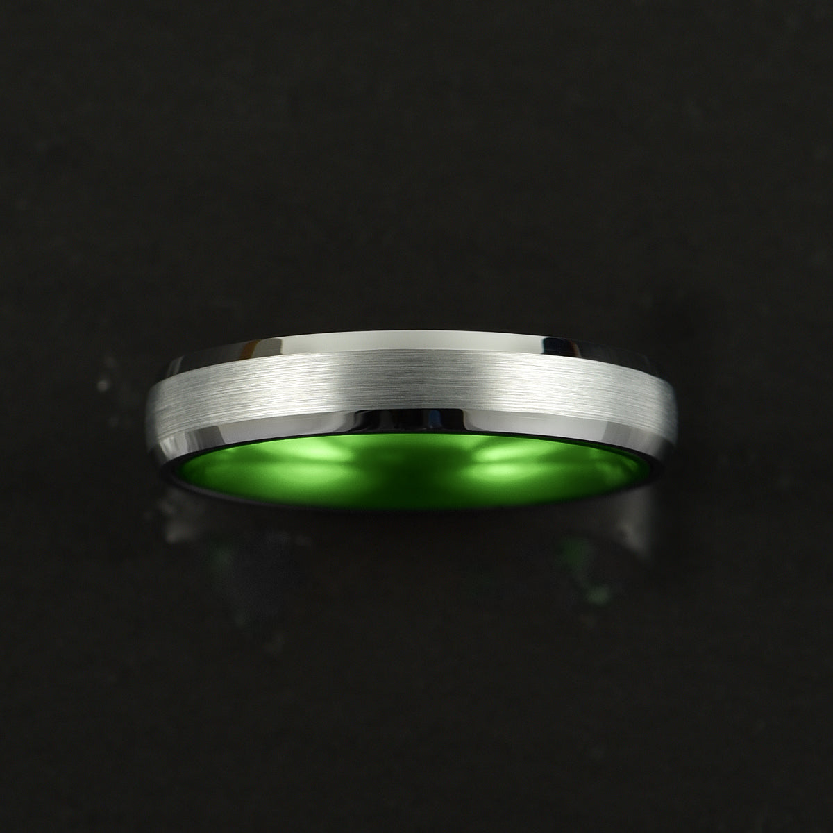 Pristine Passion Green Interior Silver Tungsten Wedding Band 4MM