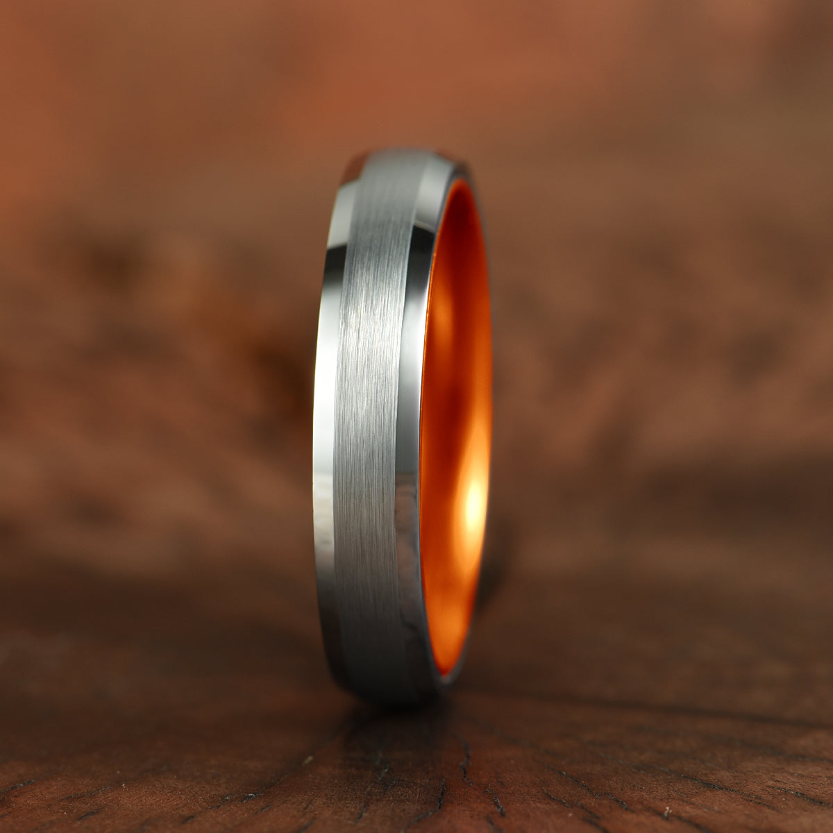 Pristine Passion Orange Interior Silver Tungsten Wedding Band 4MM