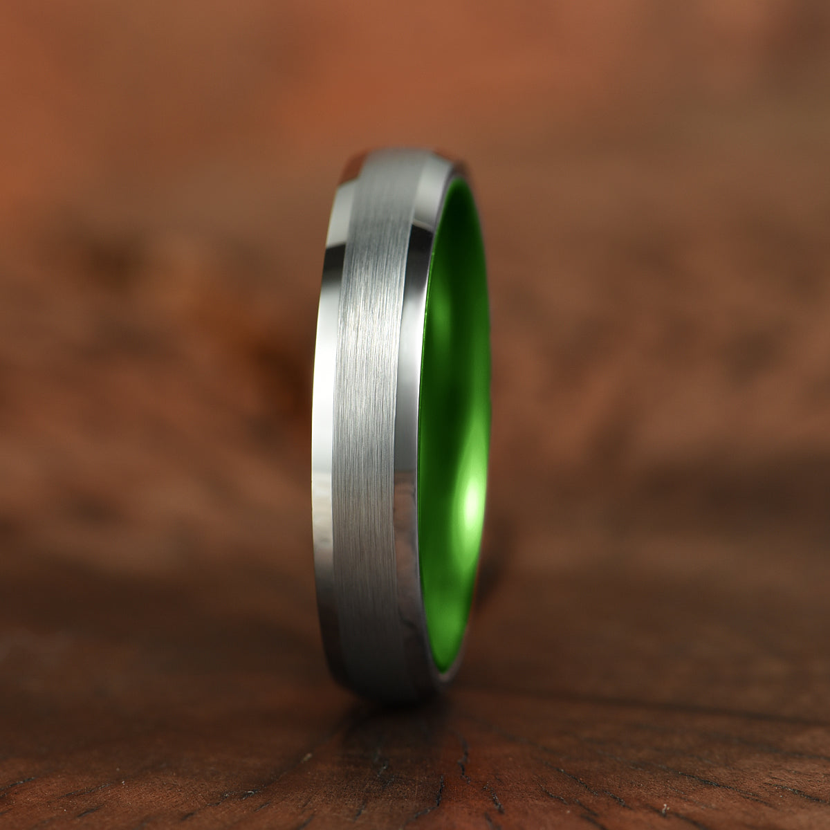 Pristine Passion Green Interior Silver Tungsten Wedding Band 4MM