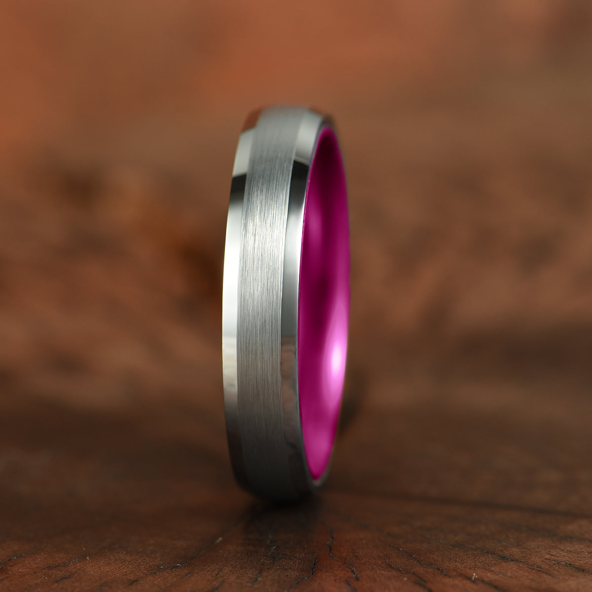 Pristine Passion Fuchsia Interior Silver Tungsten Wedding Band 4MM