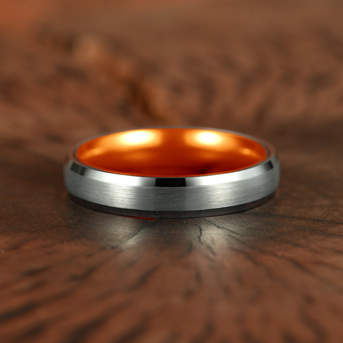 Pristine Passion Orange Interior Silver Tungsten Wedding Band 4MM