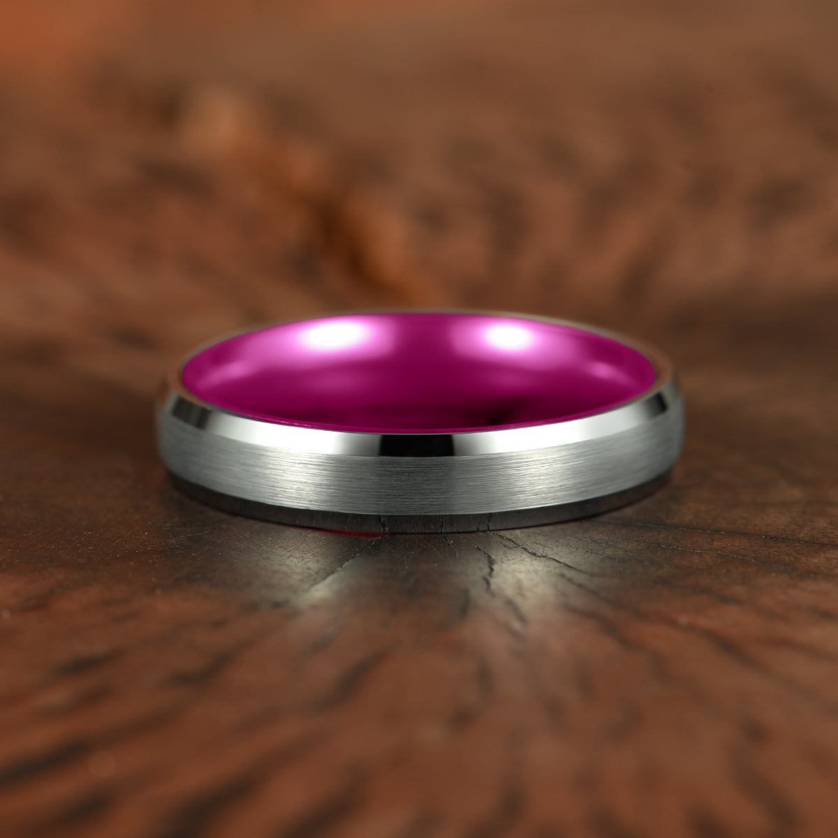 Pristine Passion Fuchsia Interior Silver Tungsten Wedding Band 4MM