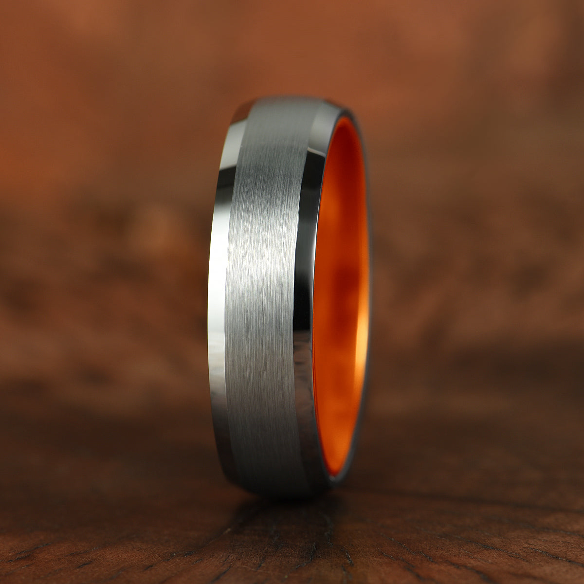 Pristine Passion Orange Interior Silver Tungsten Wedding Band 6MM