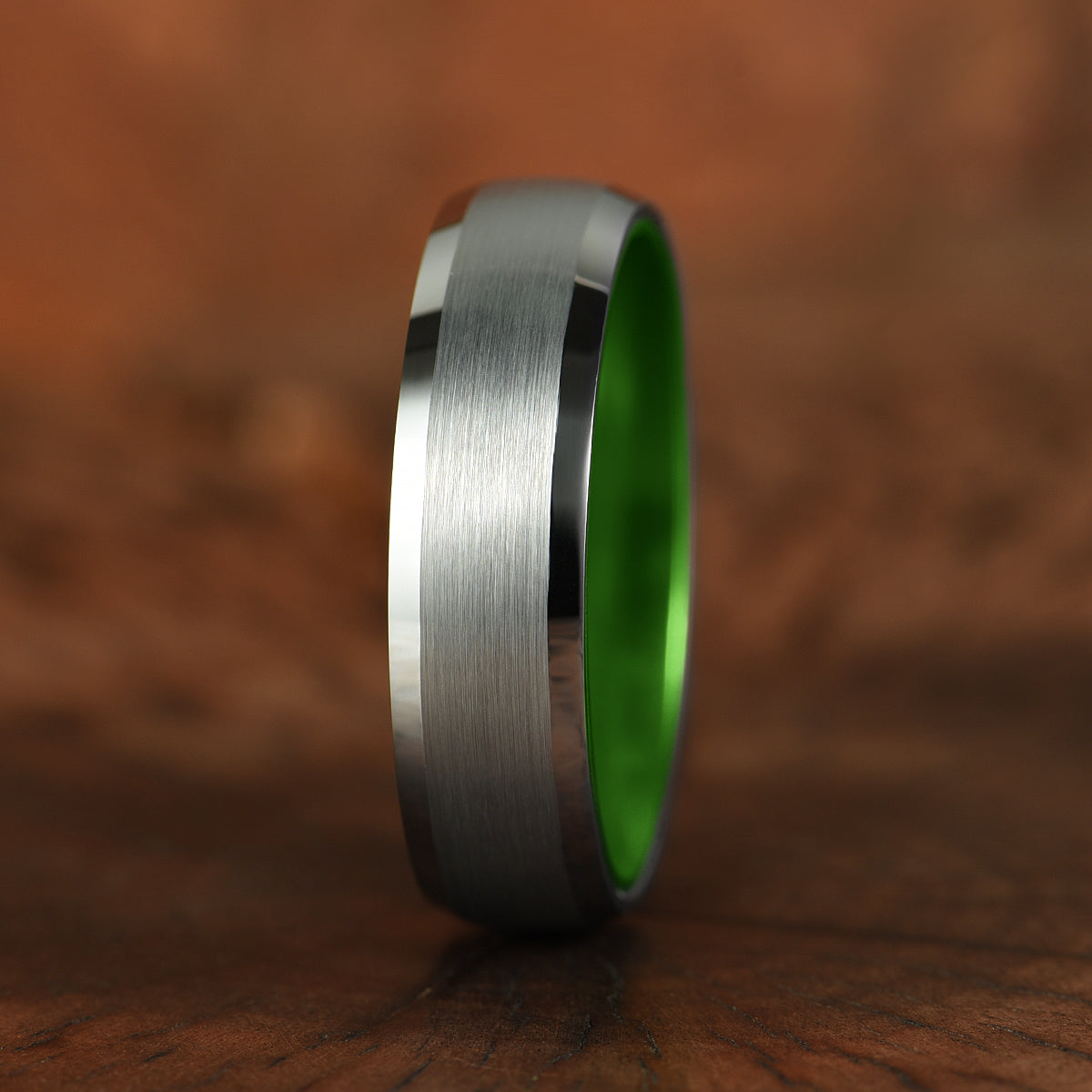 Pristine Passion Green Interior Silver Tungsten Wedding Band 6MM