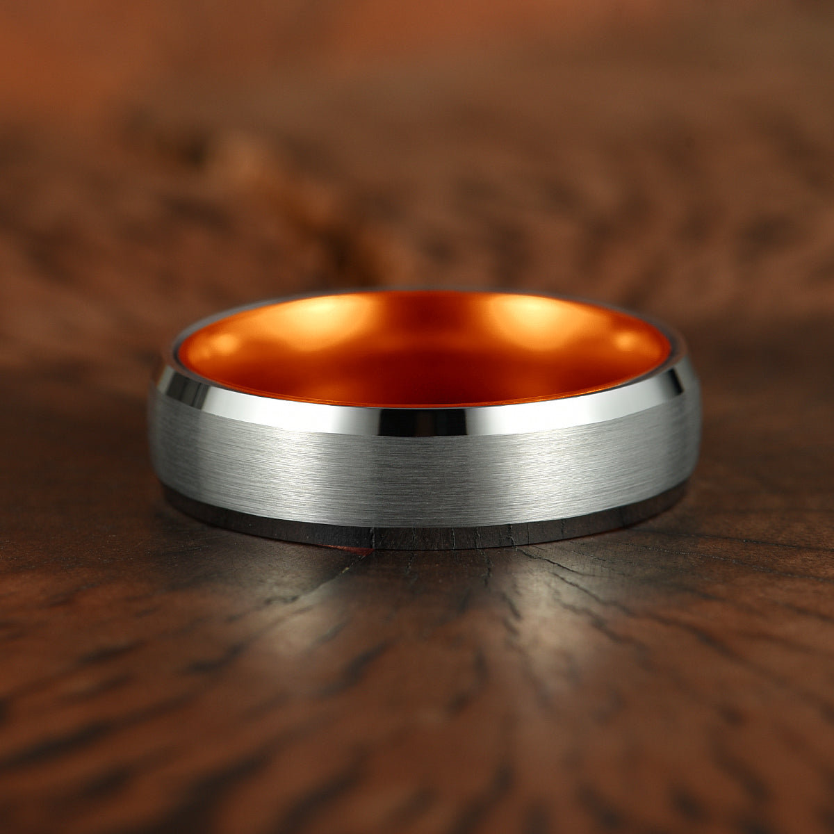 Pristine Passion Orange Interior Silver Tungsten Wedding Band 6MM