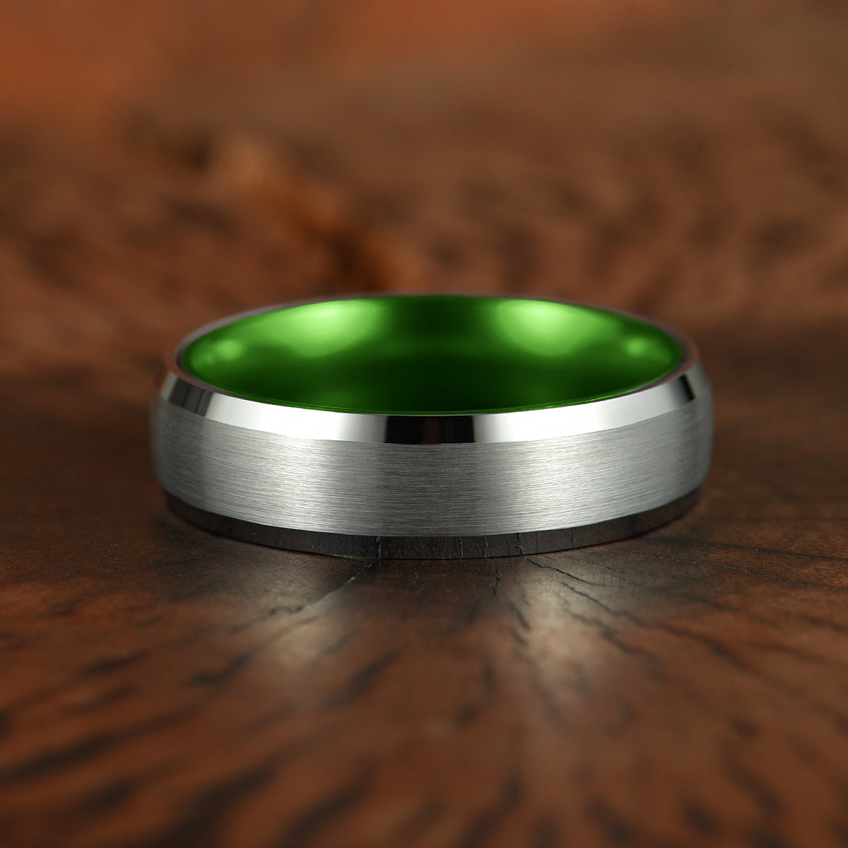 Pristine Passion Green Interior Silver Tungsten Wedding Band 6MM