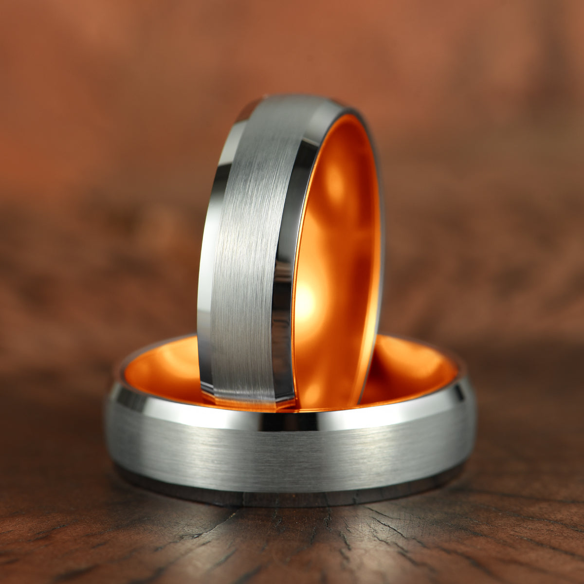 Pristine Passion Orange Interior Silver Tungsten Wedding Band 6MM